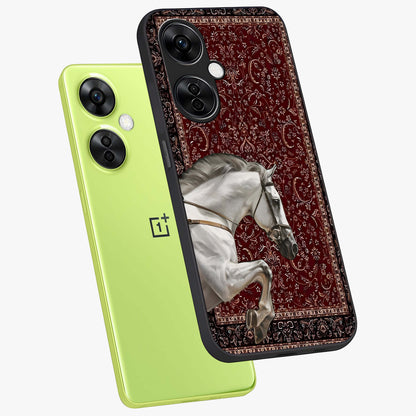 Royal Rider Tapestry Glass Case for 1+Nord CE 3 Lite angled mockup showcasing glossy finish and heritage inspired detailing