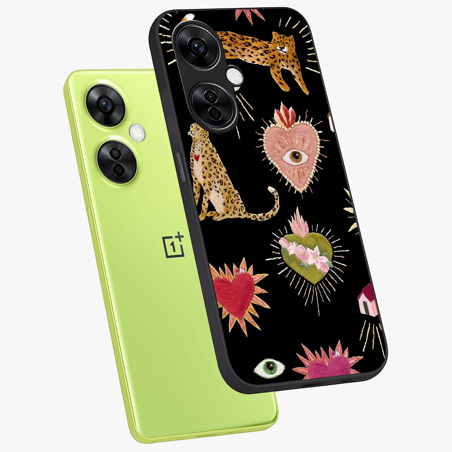 Sacred Jungle Heart Glass Case for 1+Nord CE 3 Lite angled mockup showcasing glossy finish and rich green tones