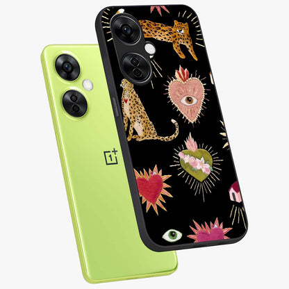 Sacred Jungle Heart Glass Case for 1+Nord CE 3 Lite angled mockup showcasing glossy finish and rich green tones
