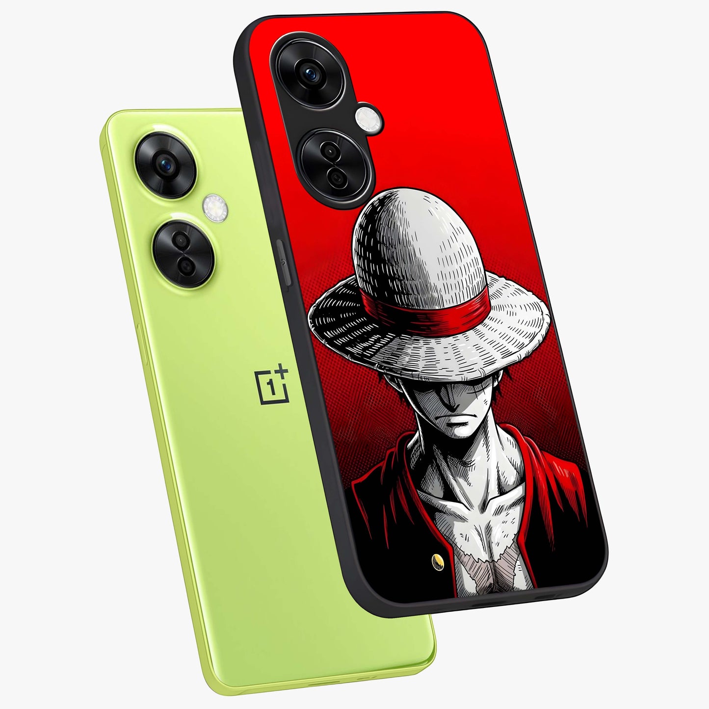 Scarlet Pirate Resolve Glass Case for 1+Nord CE 3 Lite angled mockup showcasing glossy finish and dramatic adventurous tones