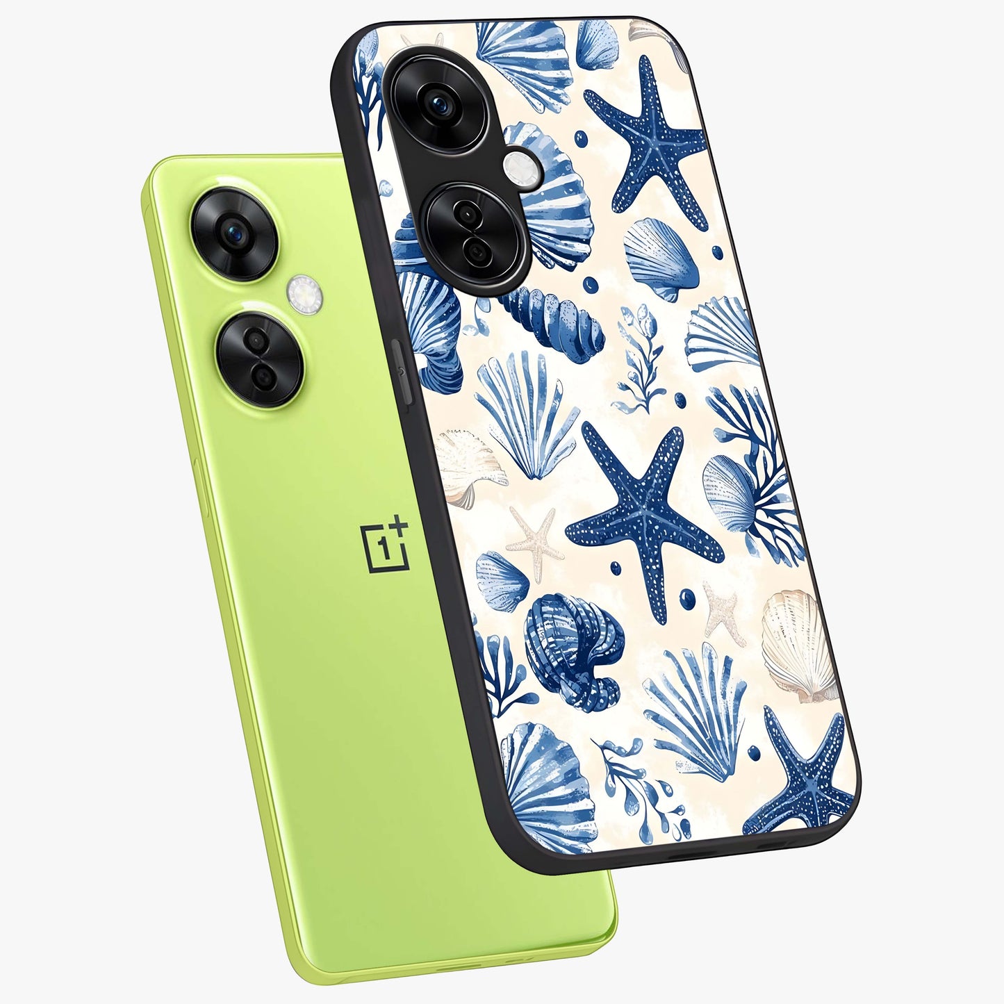 Seaside Starfish Magic Glass Case for 1+Nord CE 3 Lite angled mockup showcasing glossy finish and coastal pastel detailing