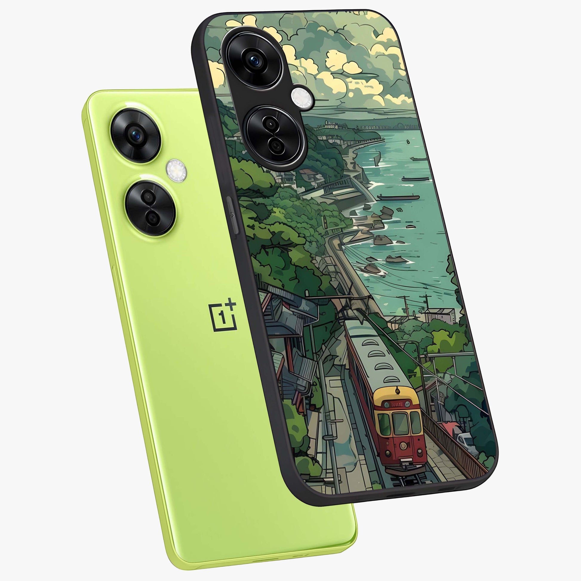 Seaside Train Ride Glass Case for 1+Nord CE 3 Lite angled mockup showcasing glossy finish and calming ocean gradients