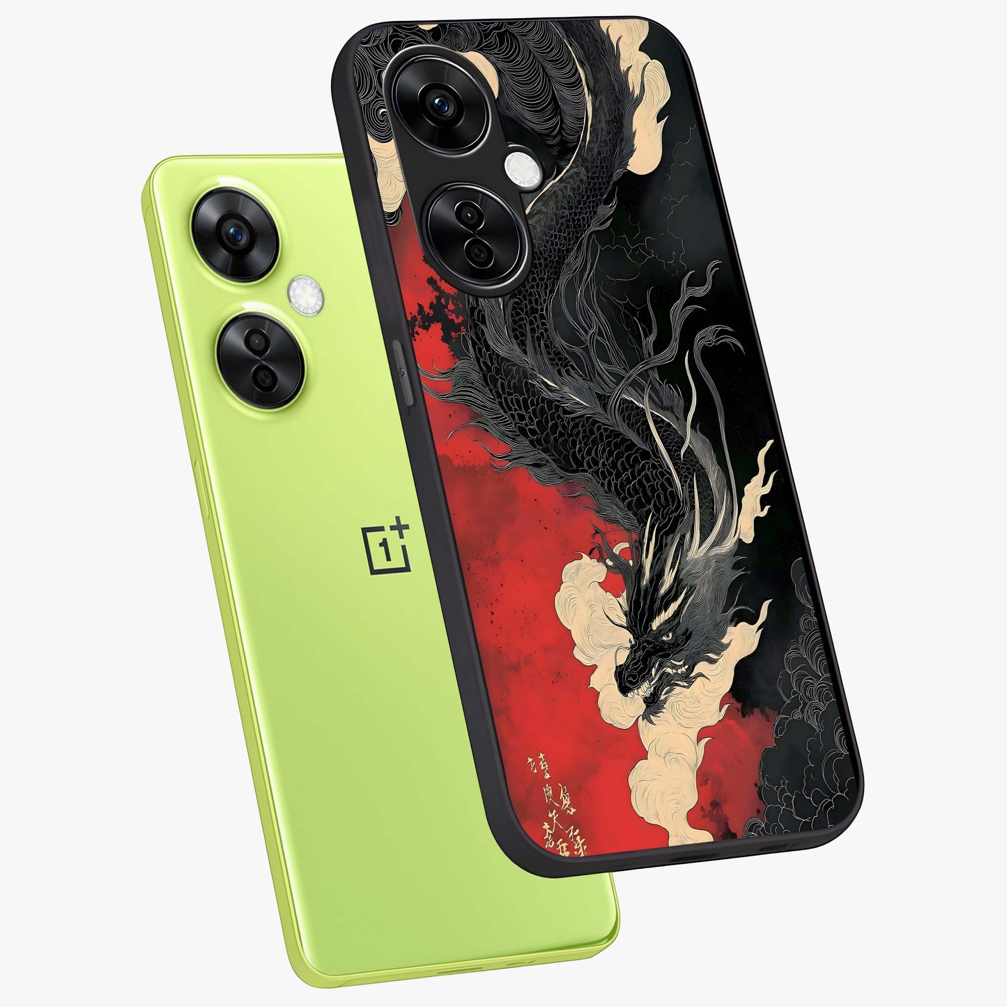 Shadow Dragon Fury Glass Case for 1+Nord CE 3 Lite angled mockup showcasing glossy finish and powerful fantasy detailing
