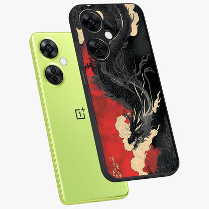 Shadow Dragon Fury Glass Case for 1+Nord CE 3 Lite angled mockup showcasing glossy finish and powerful fantasy detailing