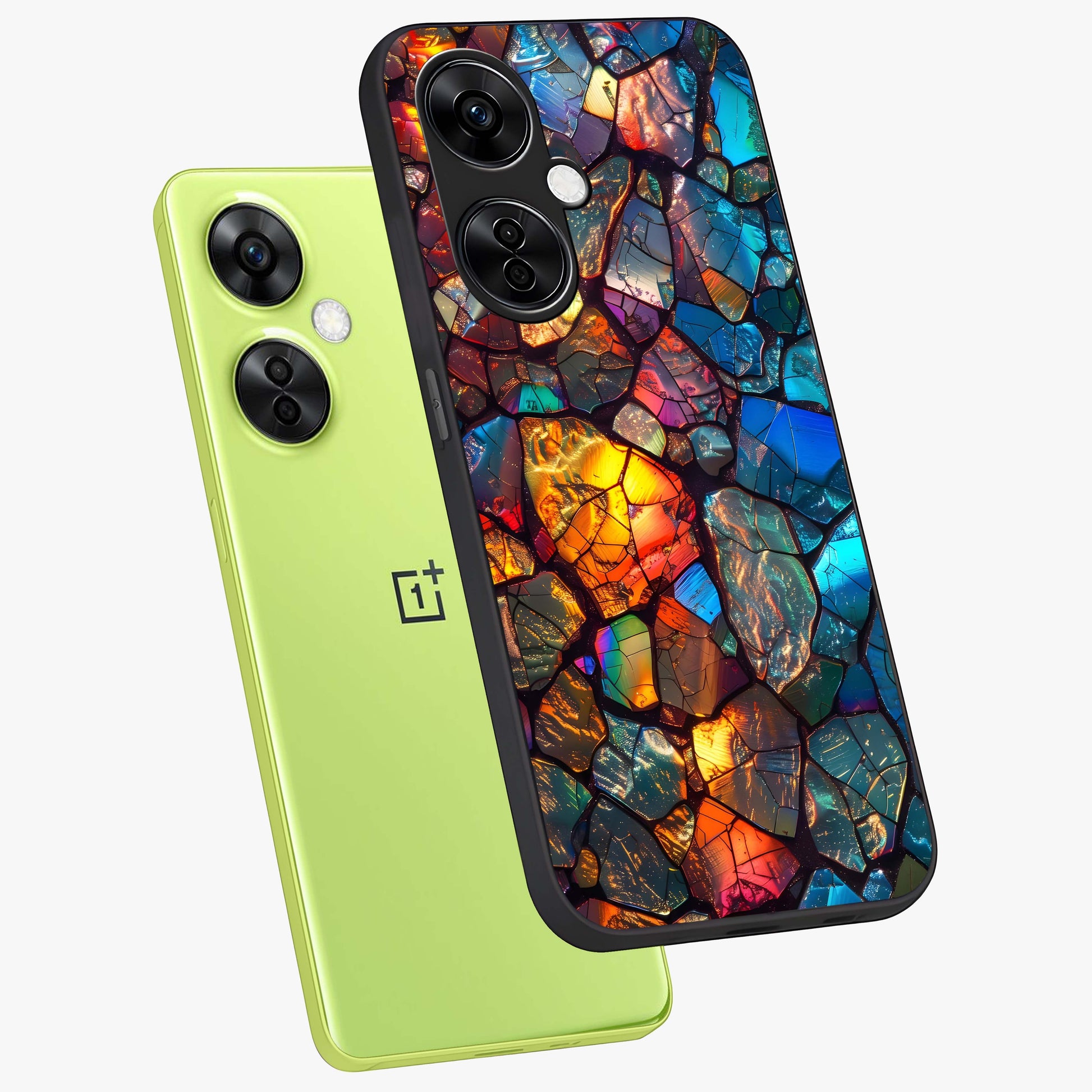 Shattered Light Glass Case for 1+Nord CE 3 Lite angled mockup showcasing glossy finish and high contrast detailing