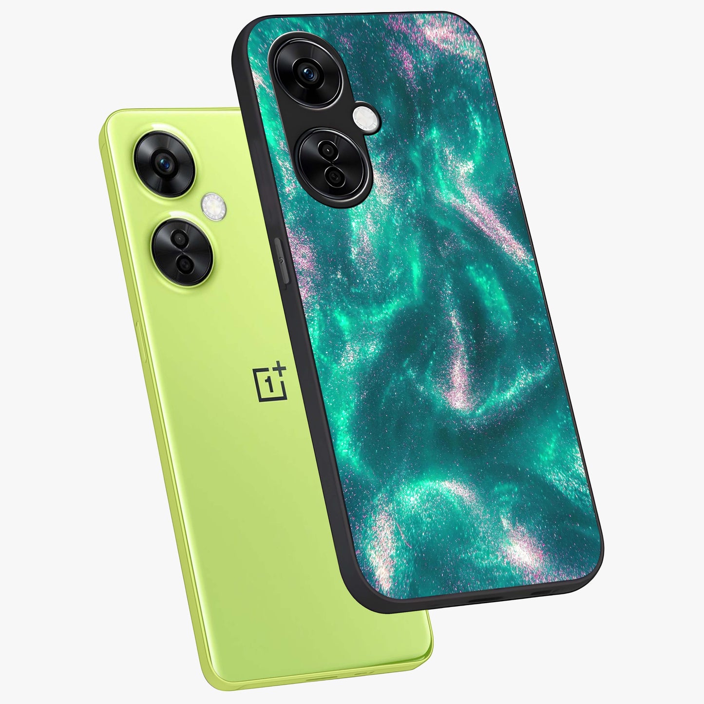Shimmering Nebula Waves Glass Case for 1+Nord CE 3 Lite angled mockup showcasing glossy finish and deep space gradients