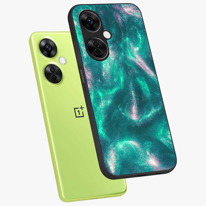 Shimmering Nebula Waves Glass Case for 1+Nord CE 3 Lite angled mockup showcasing glossy finish and deep space gradients