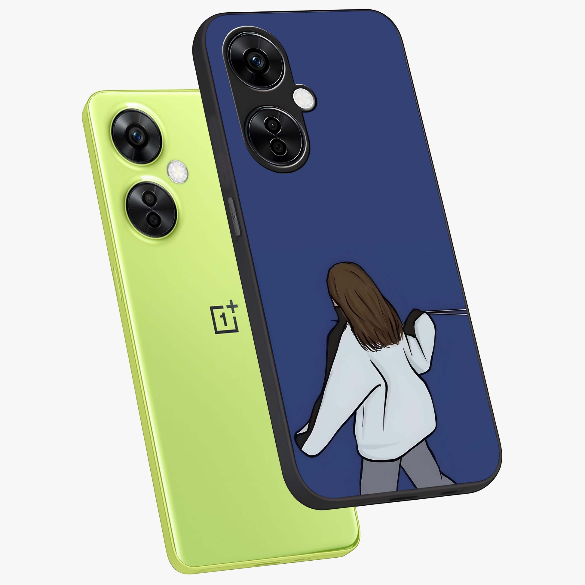 Silent Distance Love Glass Case for 1+Nord CE 3 Lite angled mockup showcasing glossy glass finish and subtle aesthetic detailing