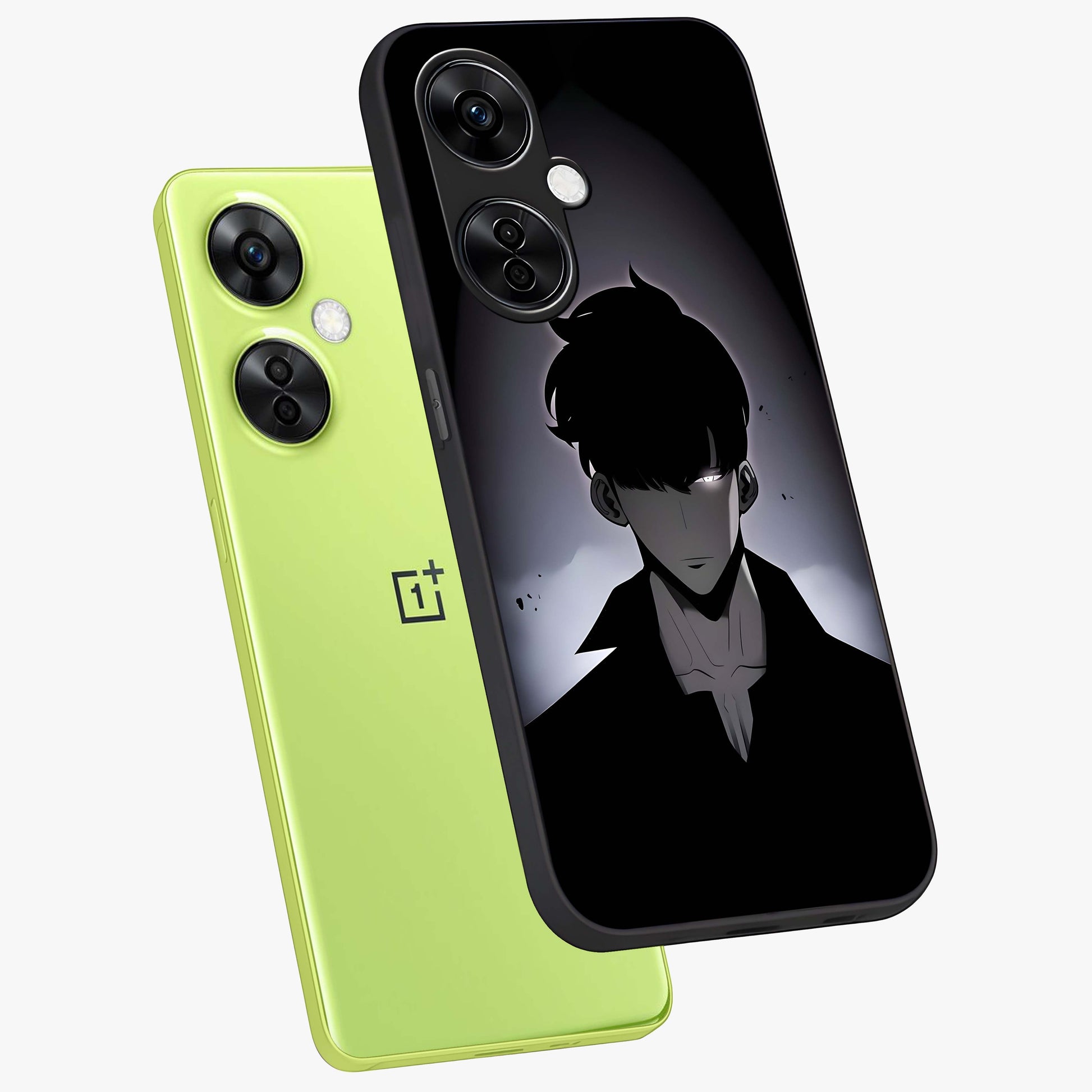 Silent Shadow Awakening Glass Case for 1+Nord CE 3 Lite angled mockup showcasing glossy finish and dramatic shadow detailing