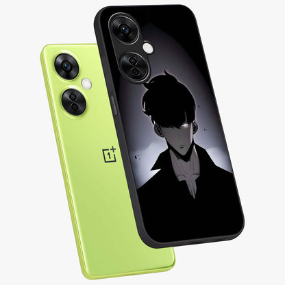 Silent Shadow Awakening Glass Case for 1+Nord CE 3 Lite angled mockup showcasing glossy finish and dramatic shadow detailing