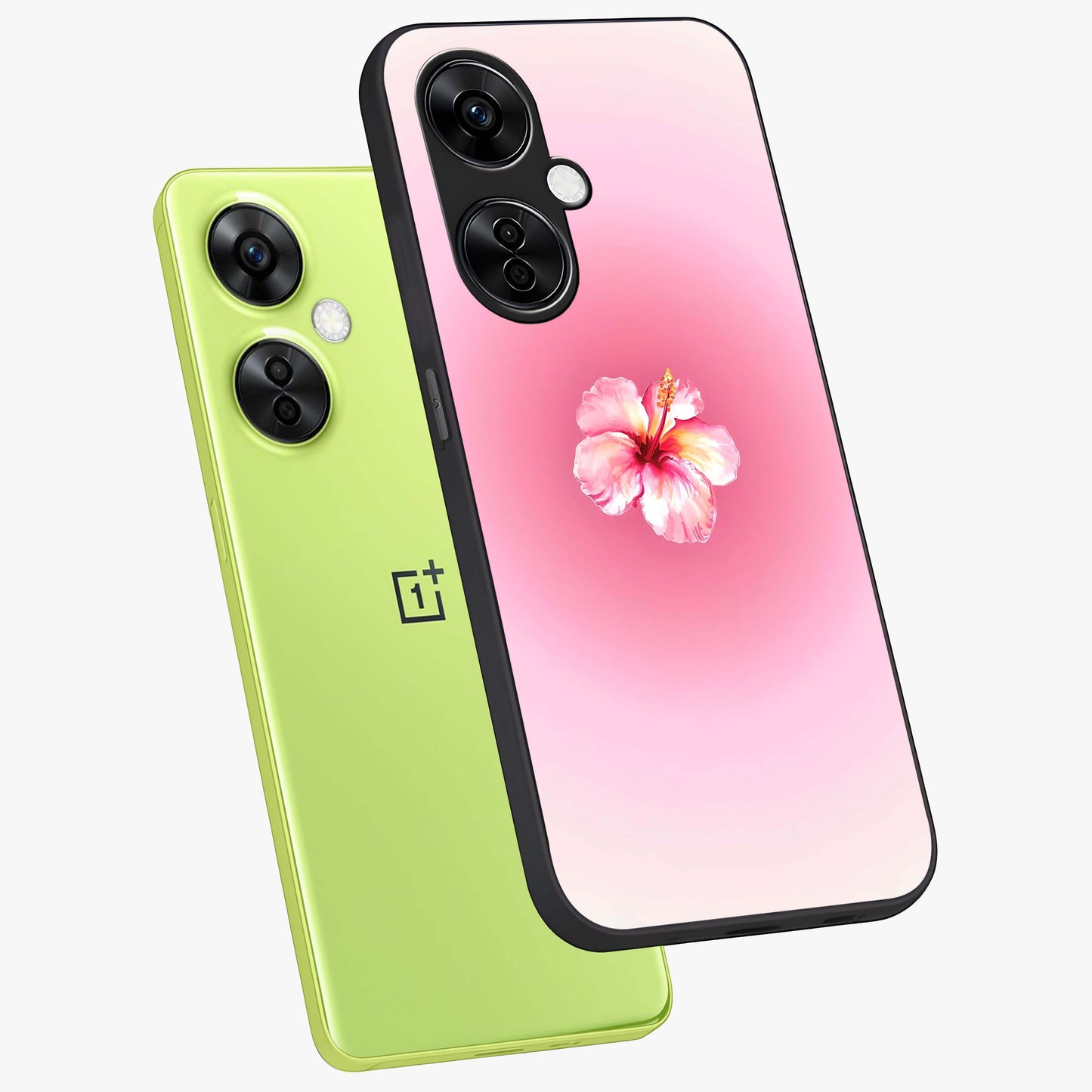 Soft Petal Serenity Glass Case for 1+Nord CE 3 Lite angled mockup showcasing glossy finish and calming bloom detailing
