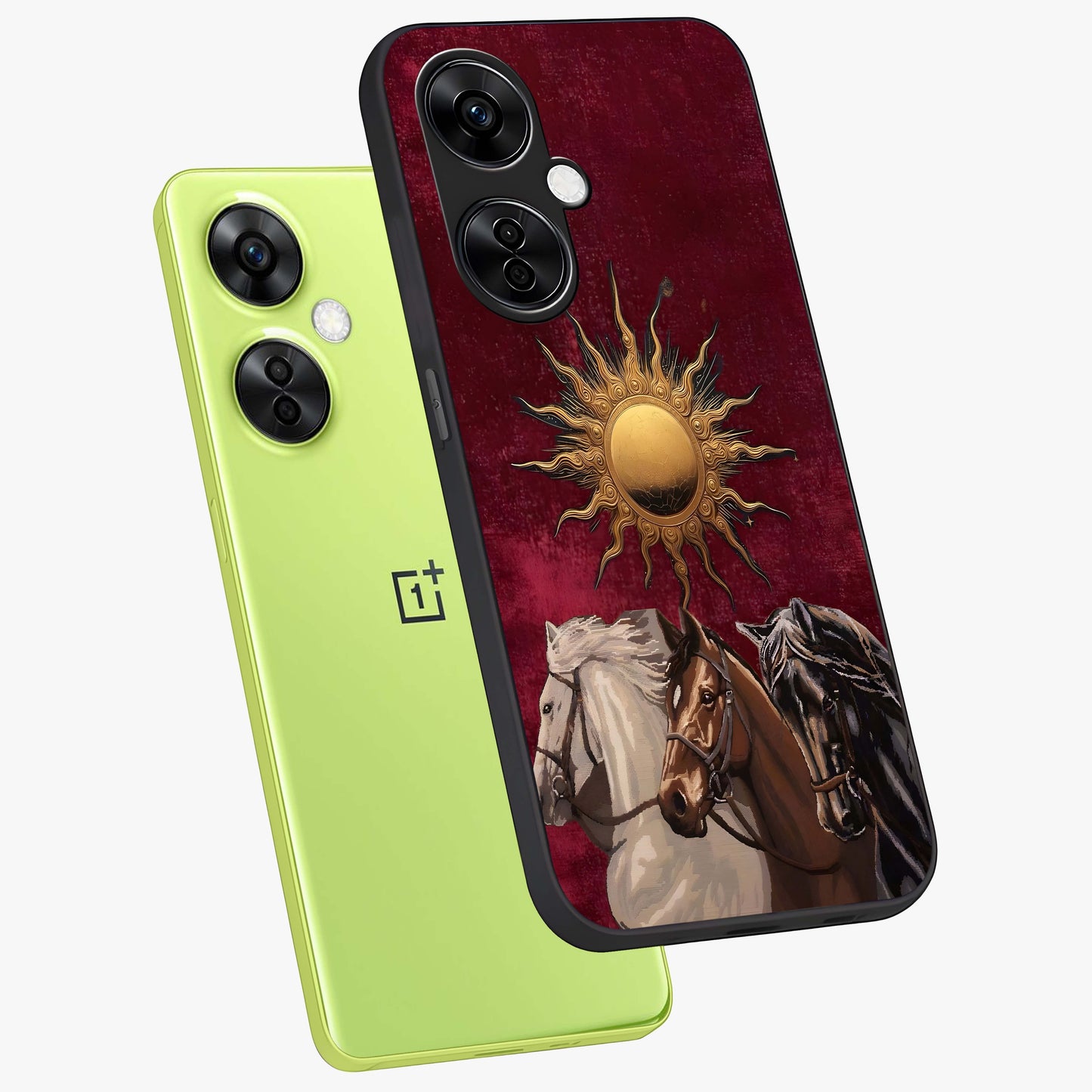 Solar Riders Glass Case for 1+Nord CE 3 Lite angled mockup showcasing glossy finish and vibrant sunset gradients