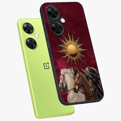 Solar Riders Glass Case for 1+Nord CE 3 Lite angled mockup showcasing glossy finish and vibrant sunset gradients