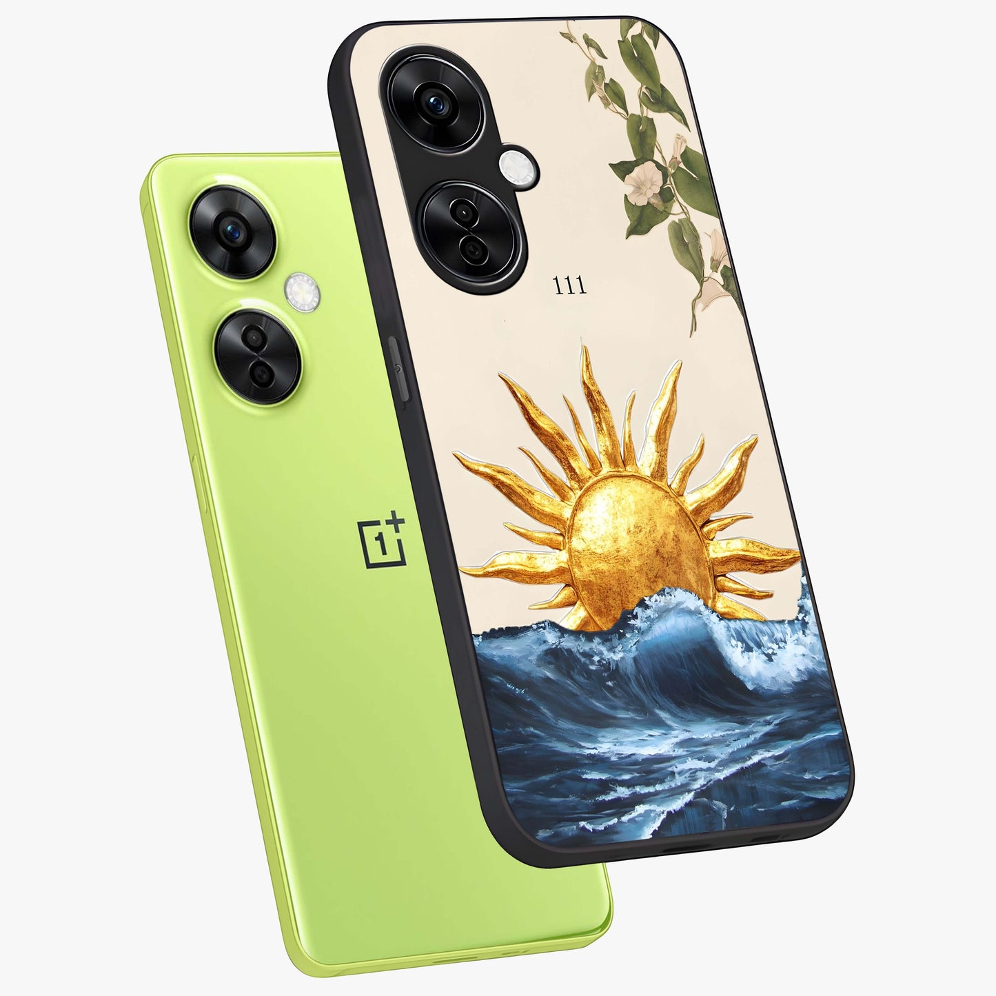 Solar Wave Bloom Glass Case for 1+Nord CE 3 Lite angled mockup showcasing glossy finish and warm luminous tones