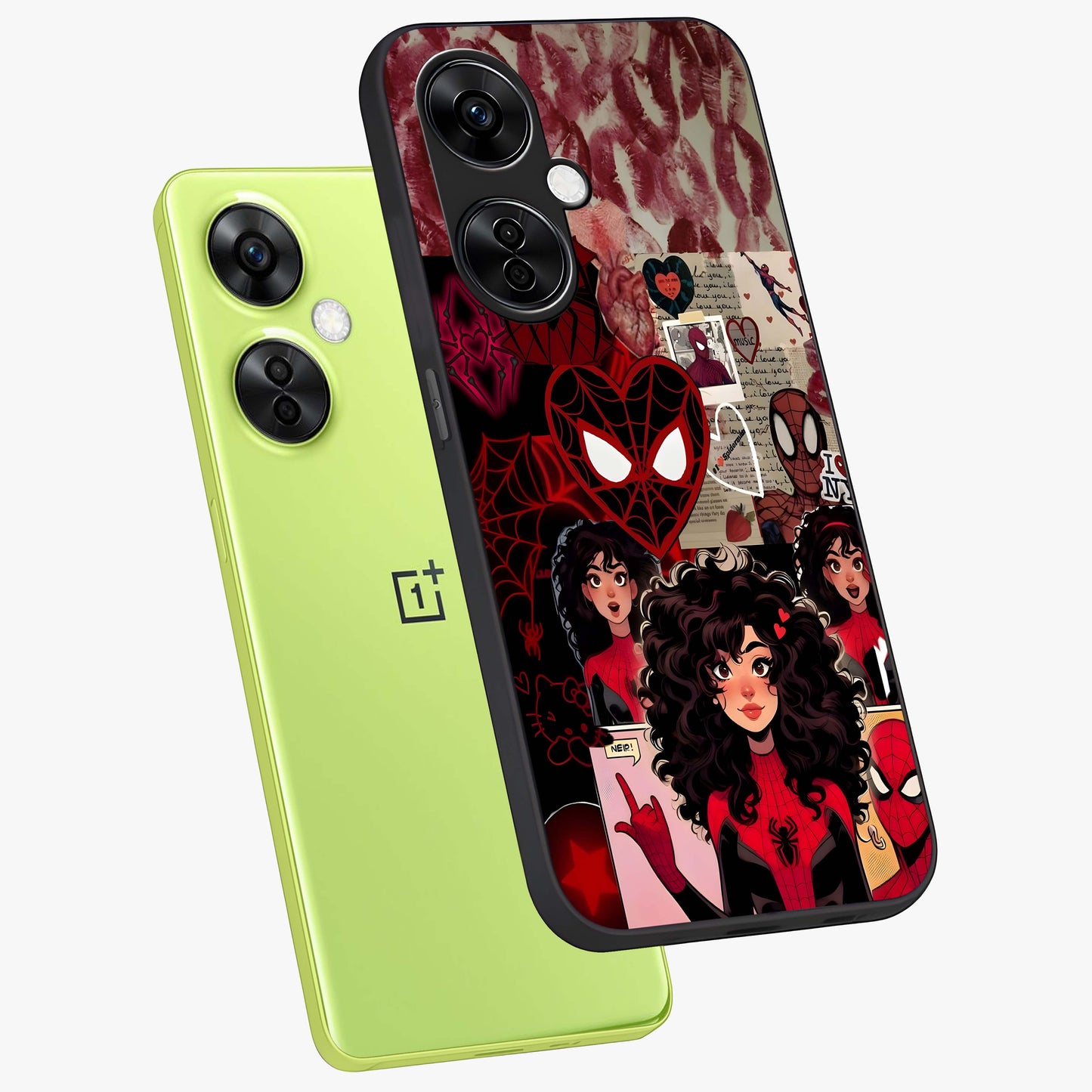 Spider Love Story Glass Case for 1+Nord CE 3 Lite angled mockup showcasing glossy finish and vibrant comic style detailing