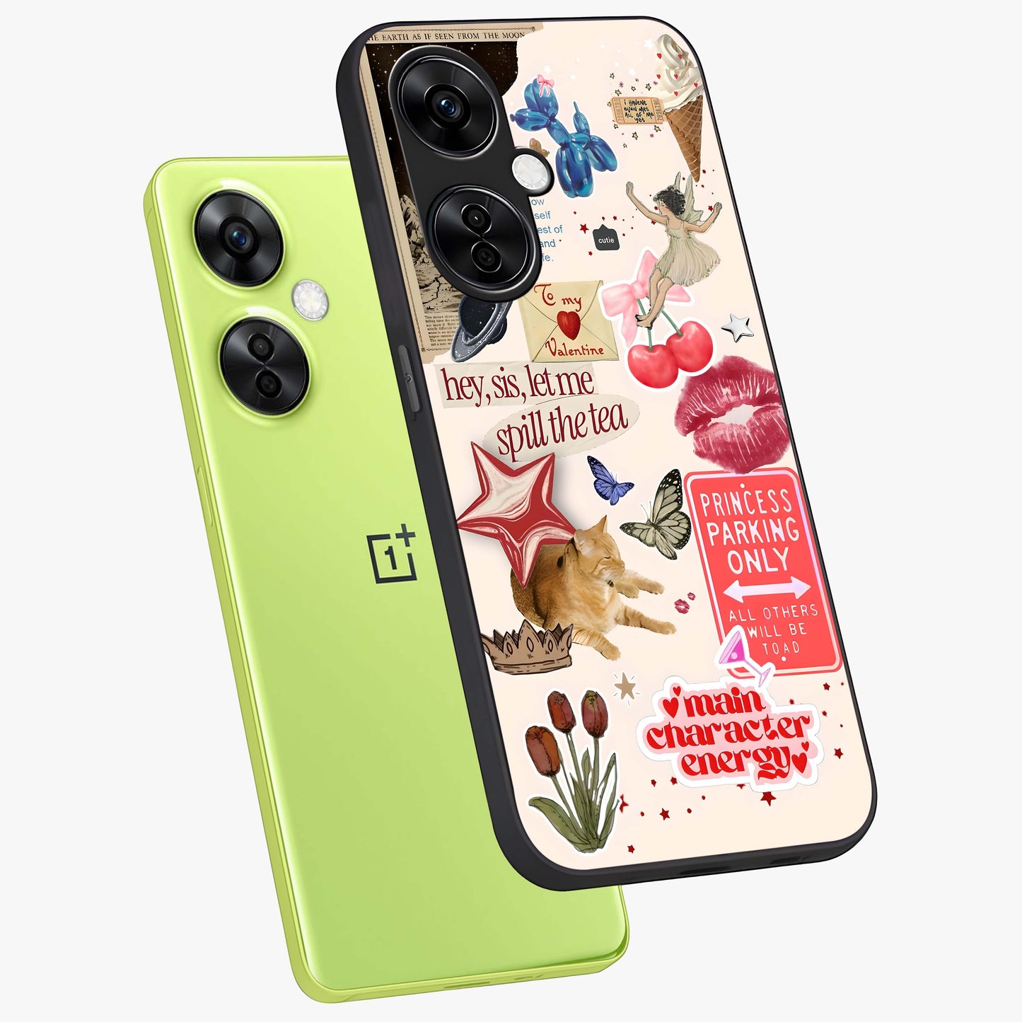Spill the Tea Retro Collage Glass Case for 1+Nord CE 3 Lite angled mockup showcasing glossy finish and bold retro detailing