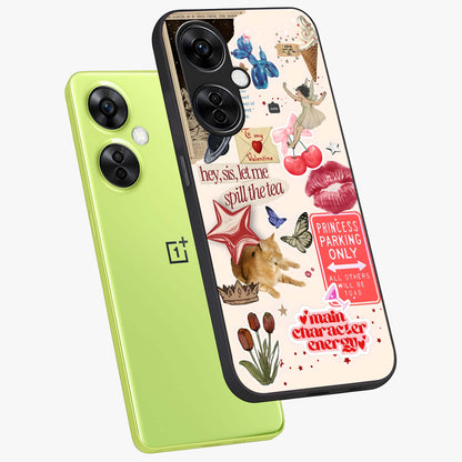 Spill the Tea Retro Collage Glass Case for 1+Nord CE 3 Lite angled mockup showcasing glossy finish and bold retro detailing