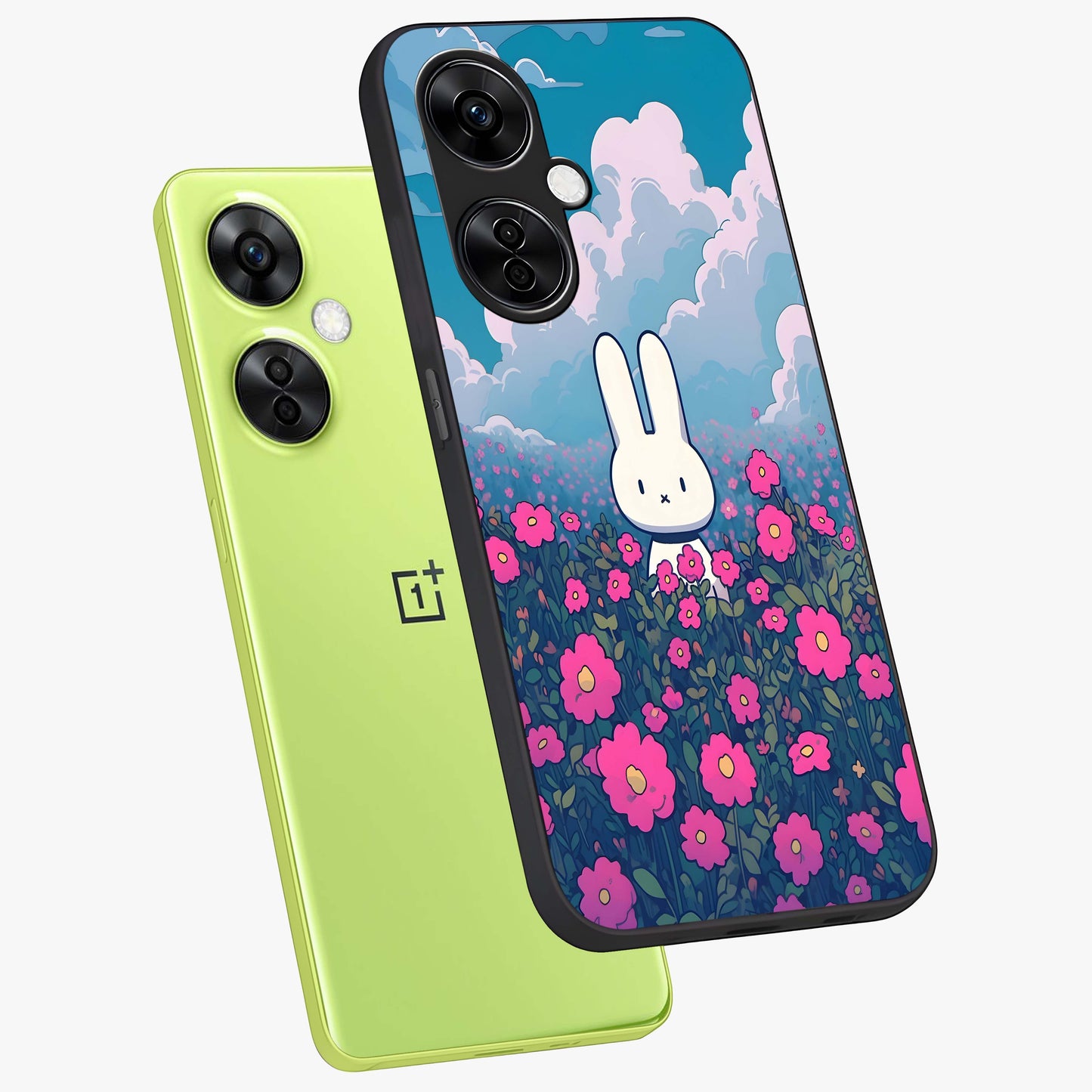 Springtime Blossom Bunny Glass Case for 1+Nord CE 3 Lite angled mockup showcasing glossy finish and soft pastel tones