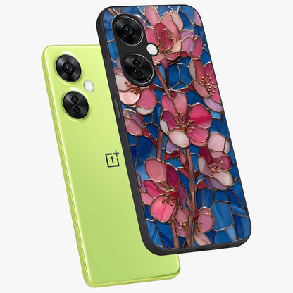 Stained Bloom Grace Glass Case for 1+Nord CE 3 Lite angled mockup showcasing glossy finish and vibrant mosaic tones