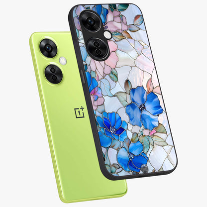 Stained Blue Floral Glass Case for 1+Nord CE 3 Lite angled mockup showcasing glossy glass finish and rich sapphire tones