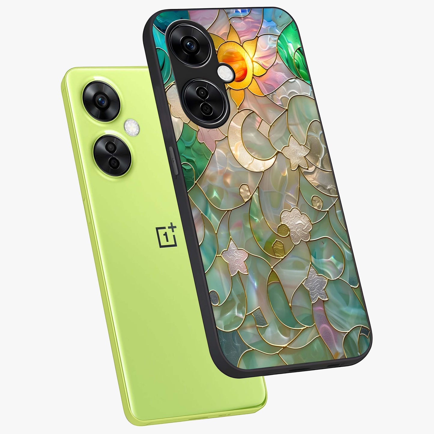 Stained Sunrise Glow Glass Case for 1+Nord CE 3 Lite angled mockup showcasing glossy finish and warm golden gradients