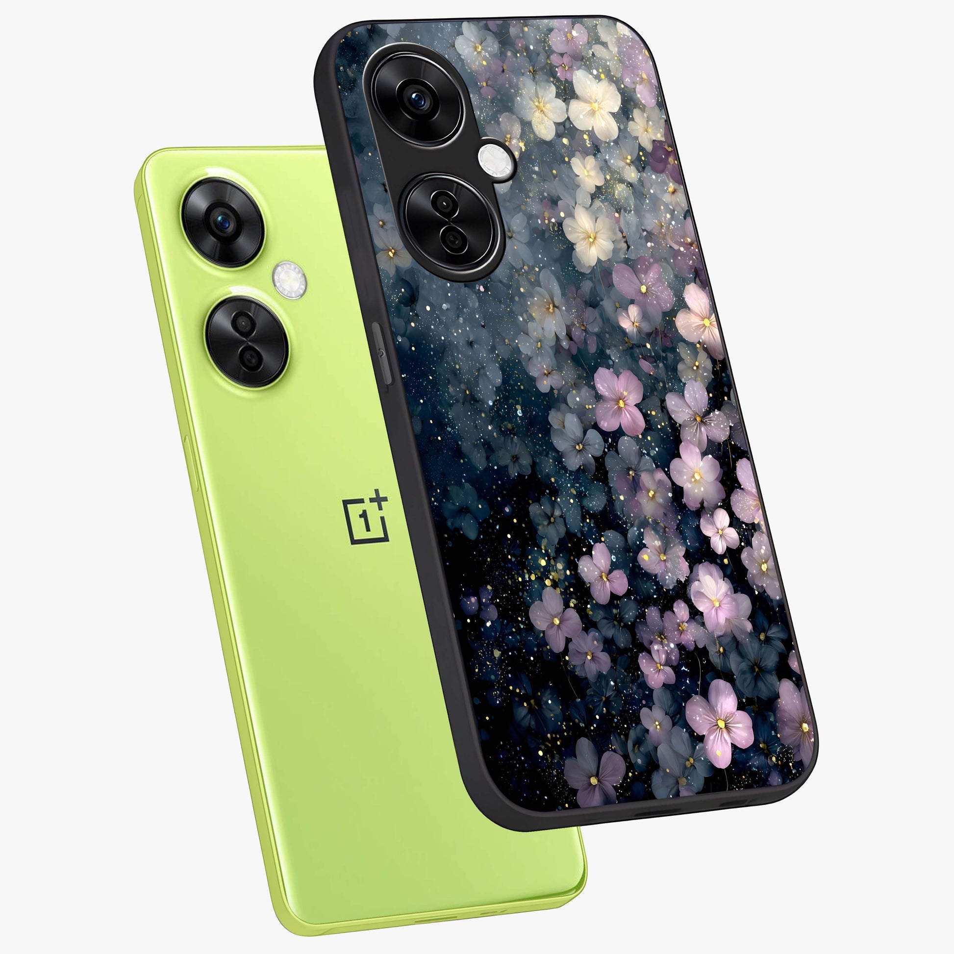 Starlit Blossom Dreams Glass Case for 1+Nord CE 3 Lite angled mockup showcasing glossy finish and soft celestial detailing