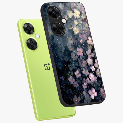 Starlit Blossom Dreams Glass Case for 1+Nord CE 3 Lite angled mockup showcasing glossy finish and soft celestial detailing