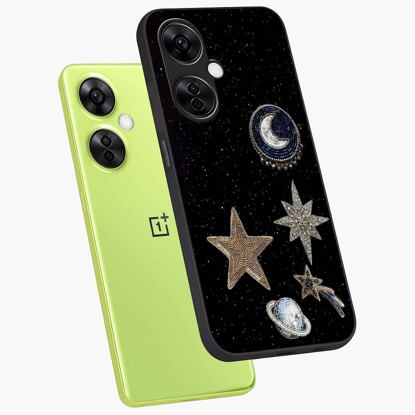 Starlit Cosmic Dreams Glass Case for 1+Nord CE 3 Lite angled mockup showcasing glossy finish and deep space gradients