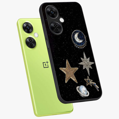 Starlit Cosmic Dreams Glass Case for 1+Nord CE 3 Lite angled mockup showcasing glossy finish and deep space gradients