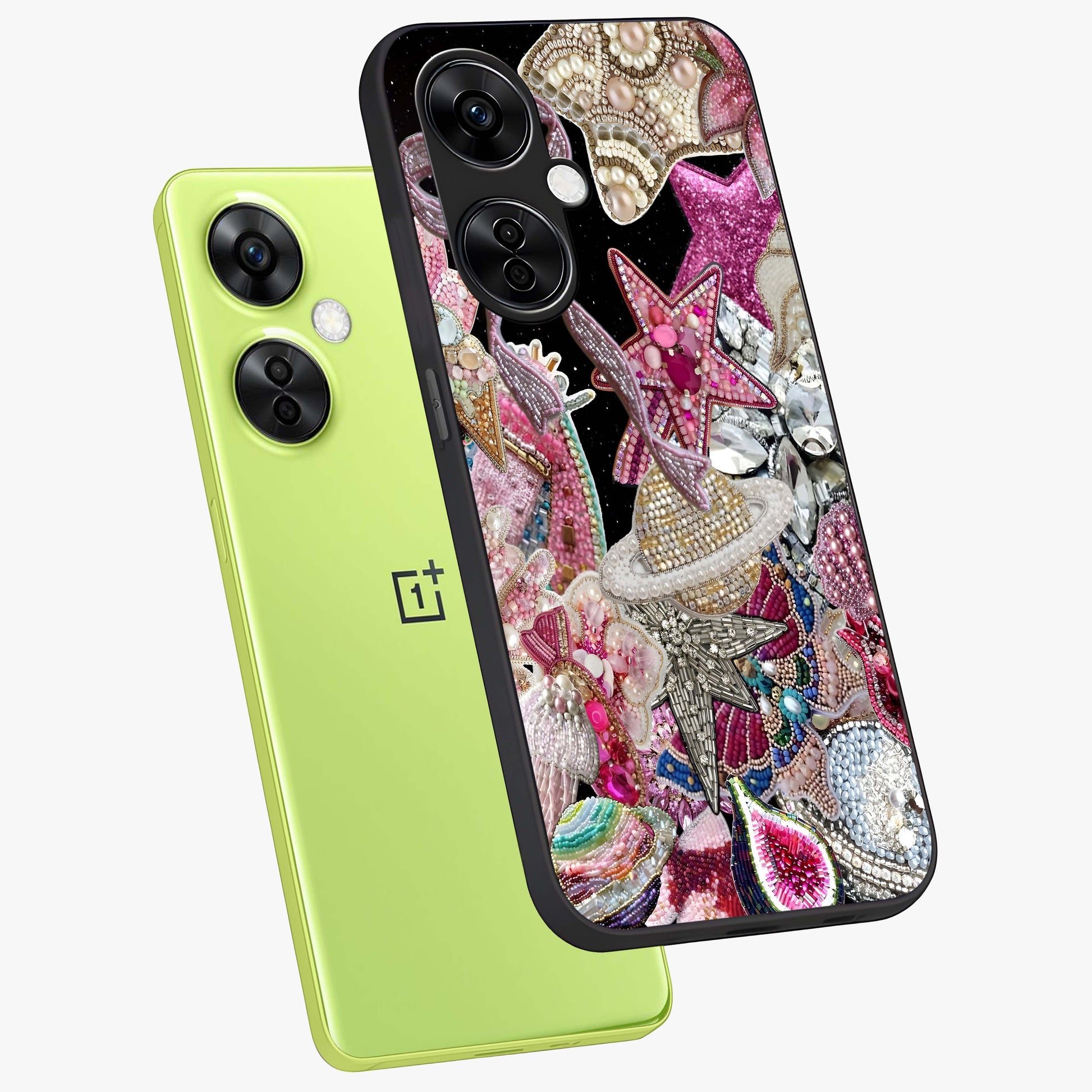 Starlit Jewel Dream Glass Case for 1+Nord CE 3 Lite angled mockup showcasing glossy finish and radiant detailing