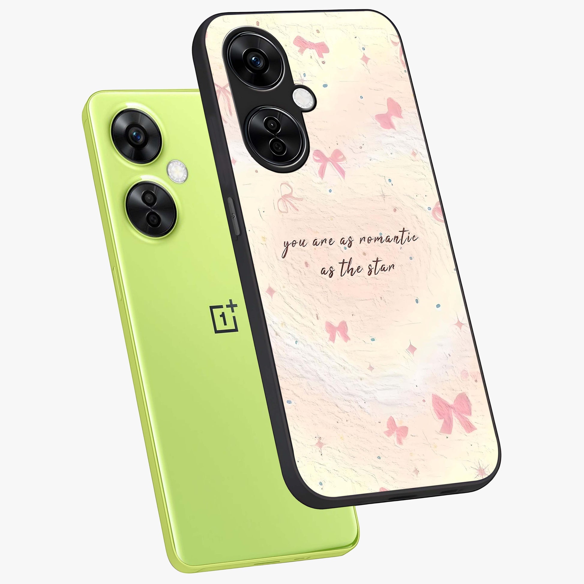 Starry Bow Romance Glass Case for 1+Nord CE 3 Lite angled mockup showcasing glossy finish and soft dreamy tones