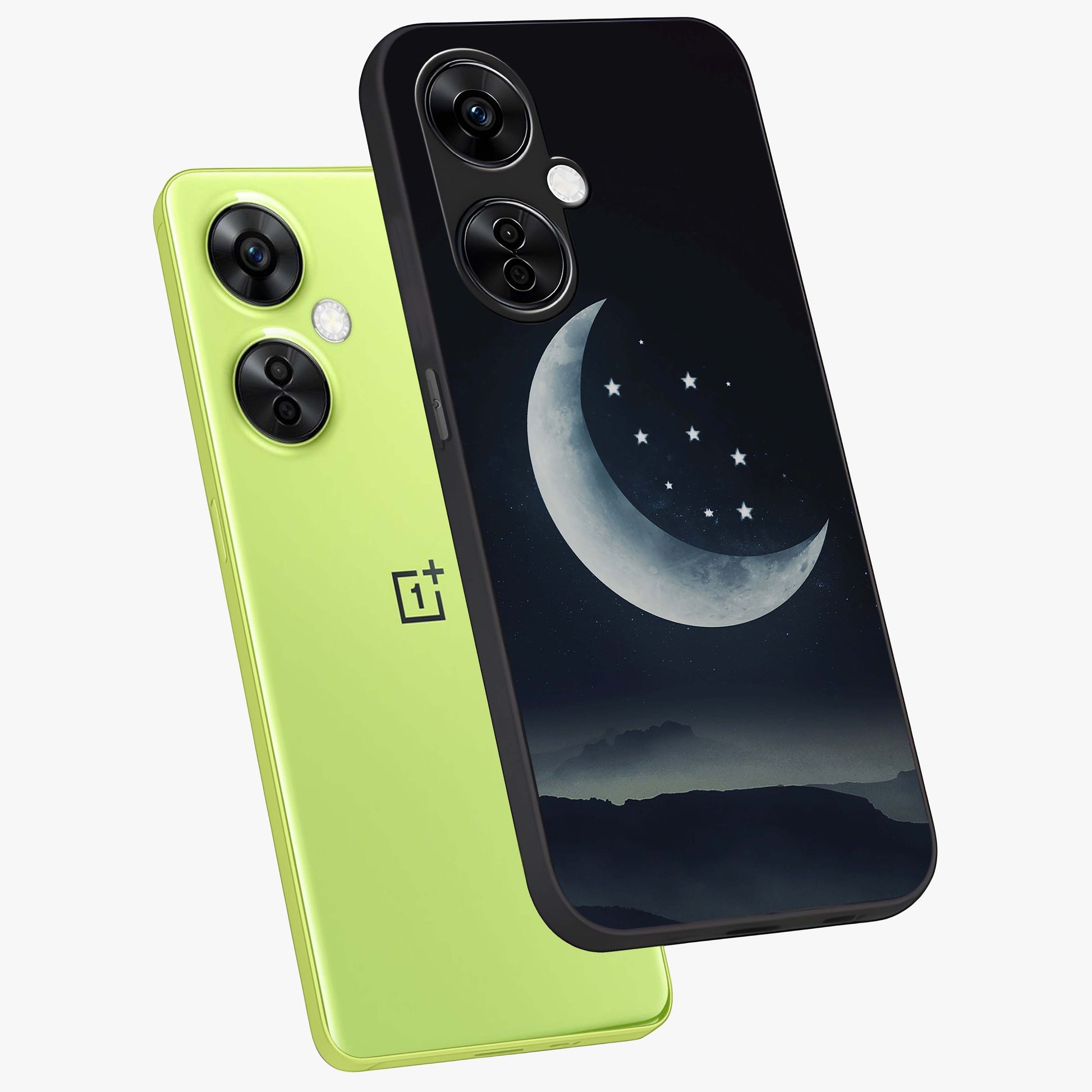 Starry Moon Pattern Glass Case for 1+Nord CE 3 Lite angled mockup showcasing glossy glass finish and deep night tones