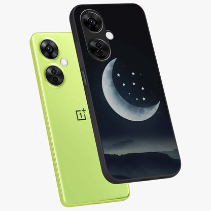 Starry Moon Pattern Glass Case for 1+Nord CE 3 Lite angled mockup showcasing glossy glass finish and deep night tones