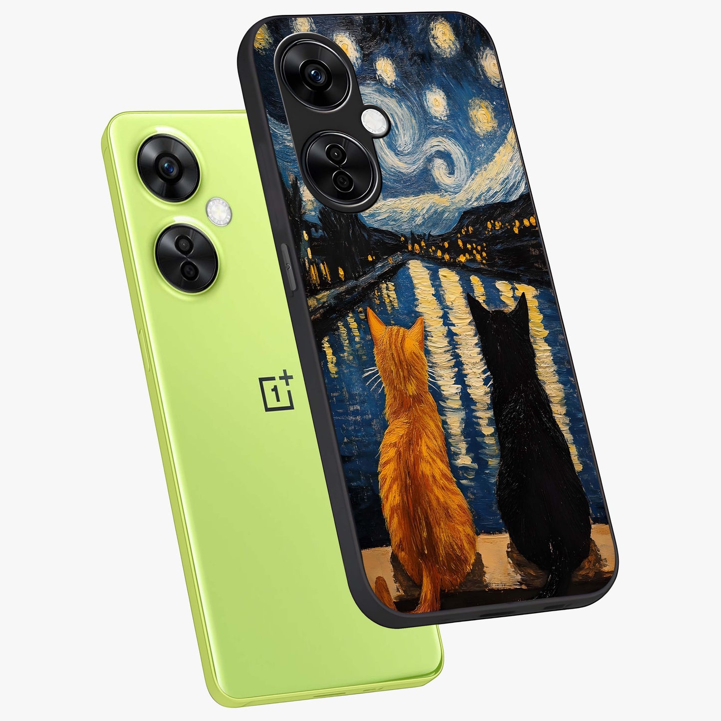 Starry River Cats Glass Case for 1+Nord CE 3 Lite angled mockup showcasing glossy finish and soft cosmic detailing