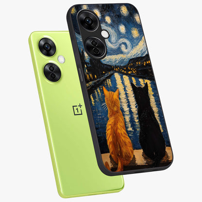 Starry River Cats Glass Case for 1+Nord CE 3 Lite angled mockup showcasing glossy finish and soft cosmic detailing