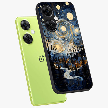 Starry Winter Town Glass Case for 1+Nord CE 3 Lite angled mockup showcasing glossy finish and cool winter tones