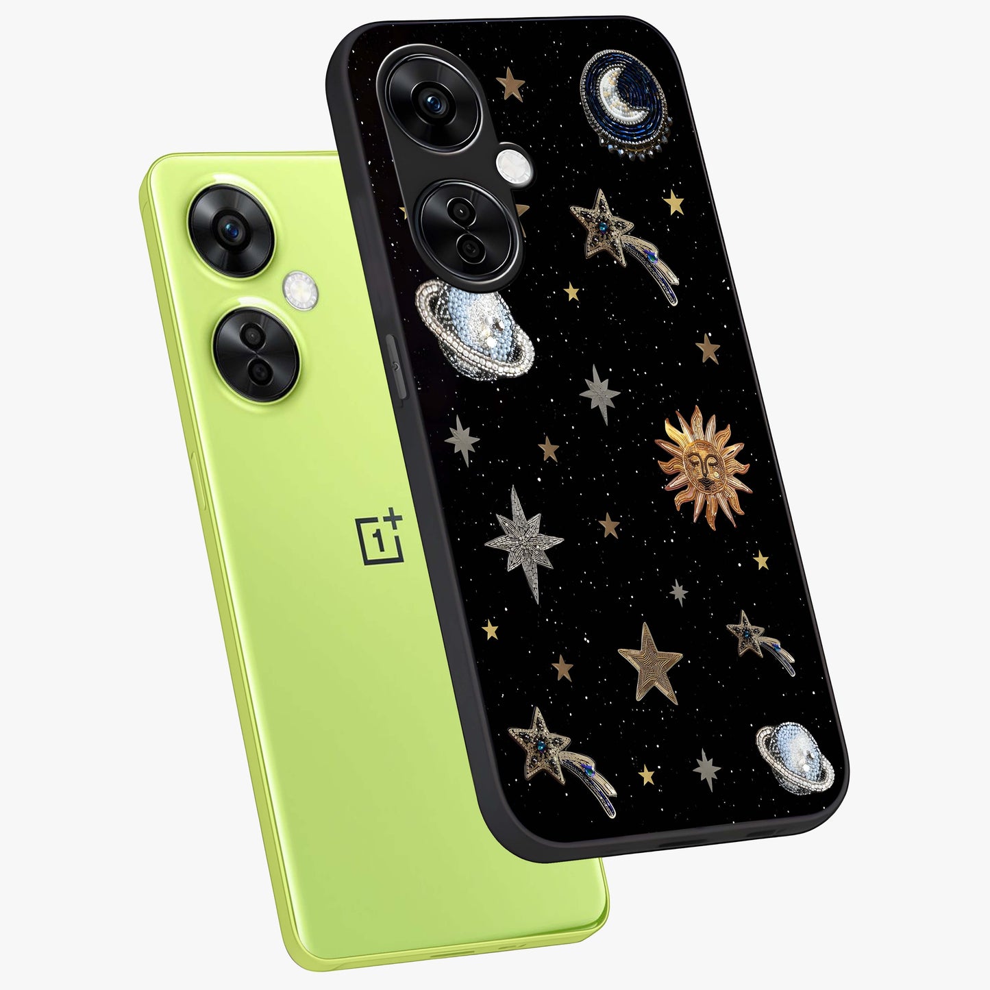 Stars and Planets Brooches Glass Case for 1+Nord CE 3 Lite angled mockup showcasing glossy finish and luminous space tones