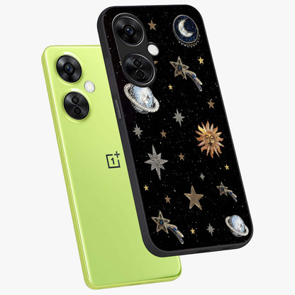 Stars and Planets Brooches Glass Case for 1+Nord CE 3 Lite angled mockup showcasing glossy finish and luminous space tones