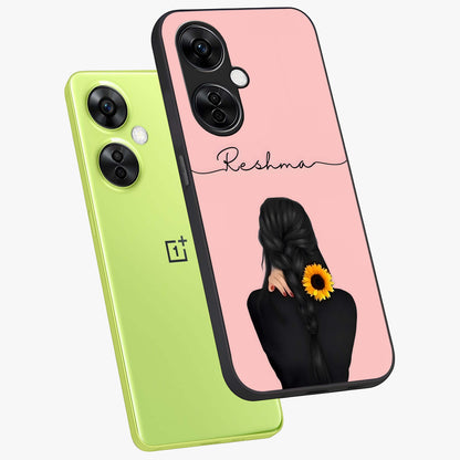 Sun Moon Flowers Glass Case for 1+Nord Ce 3 Lite angled mockup showcasing glossy finish and balanced celestial tones