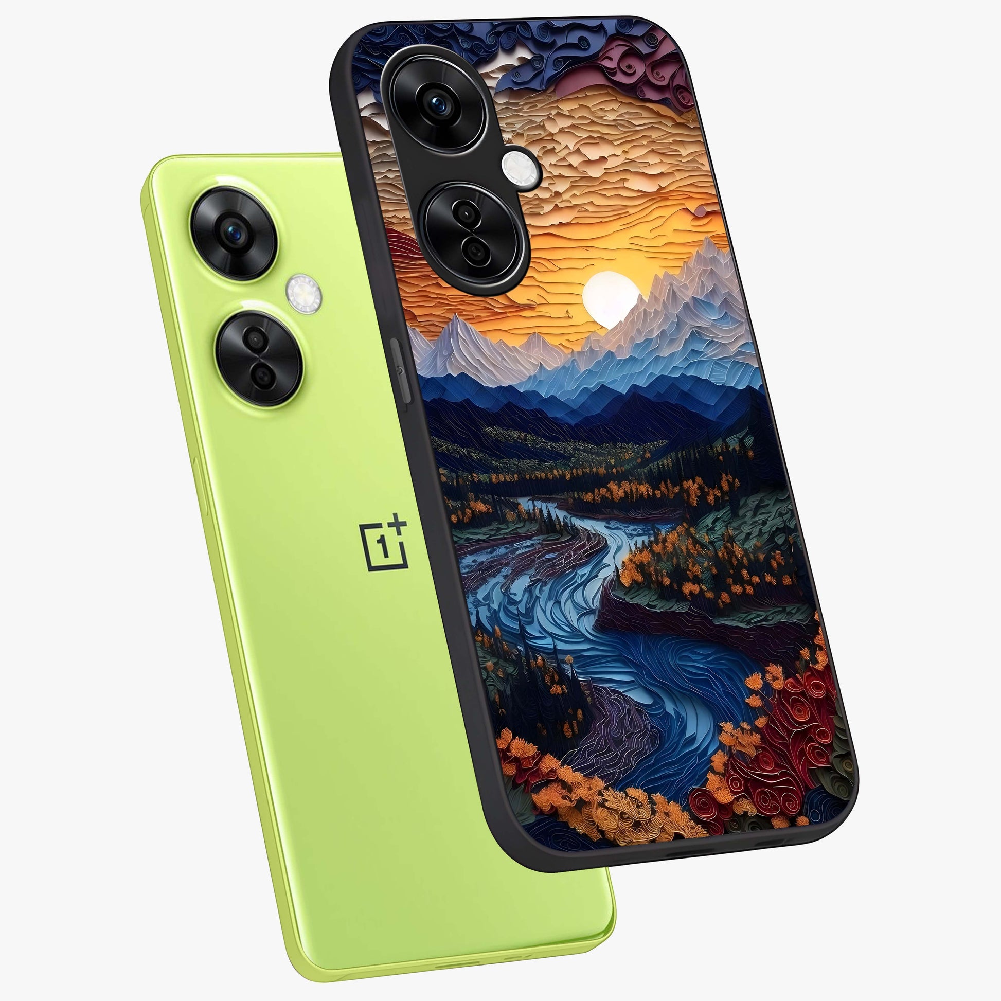 Sunrise River Dreams Glass Case for 1+Nord CE 3 Lite angled mockup showcasing glossy finish and soft pastel gradients