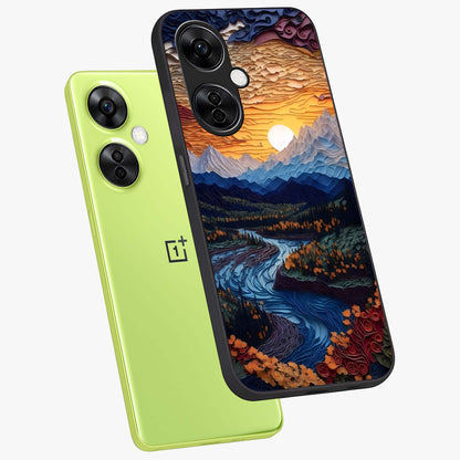 Sunrise River Dreams Glass Case for 1+Nord CE 3 Lite angled mockup showcasing glossy finish and soft pastel gradients