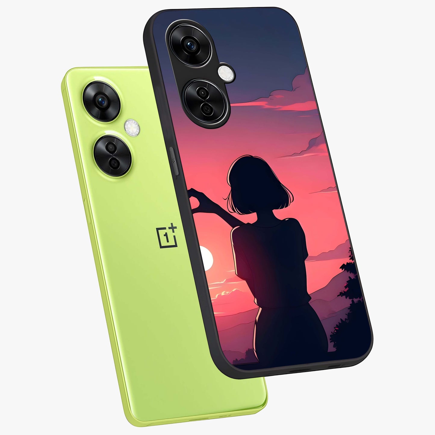 Sunset Silhouette Boy Glass Case for 1+Nord CE 3 Lite angled mockup showcasing glossy finish and rich orange tones