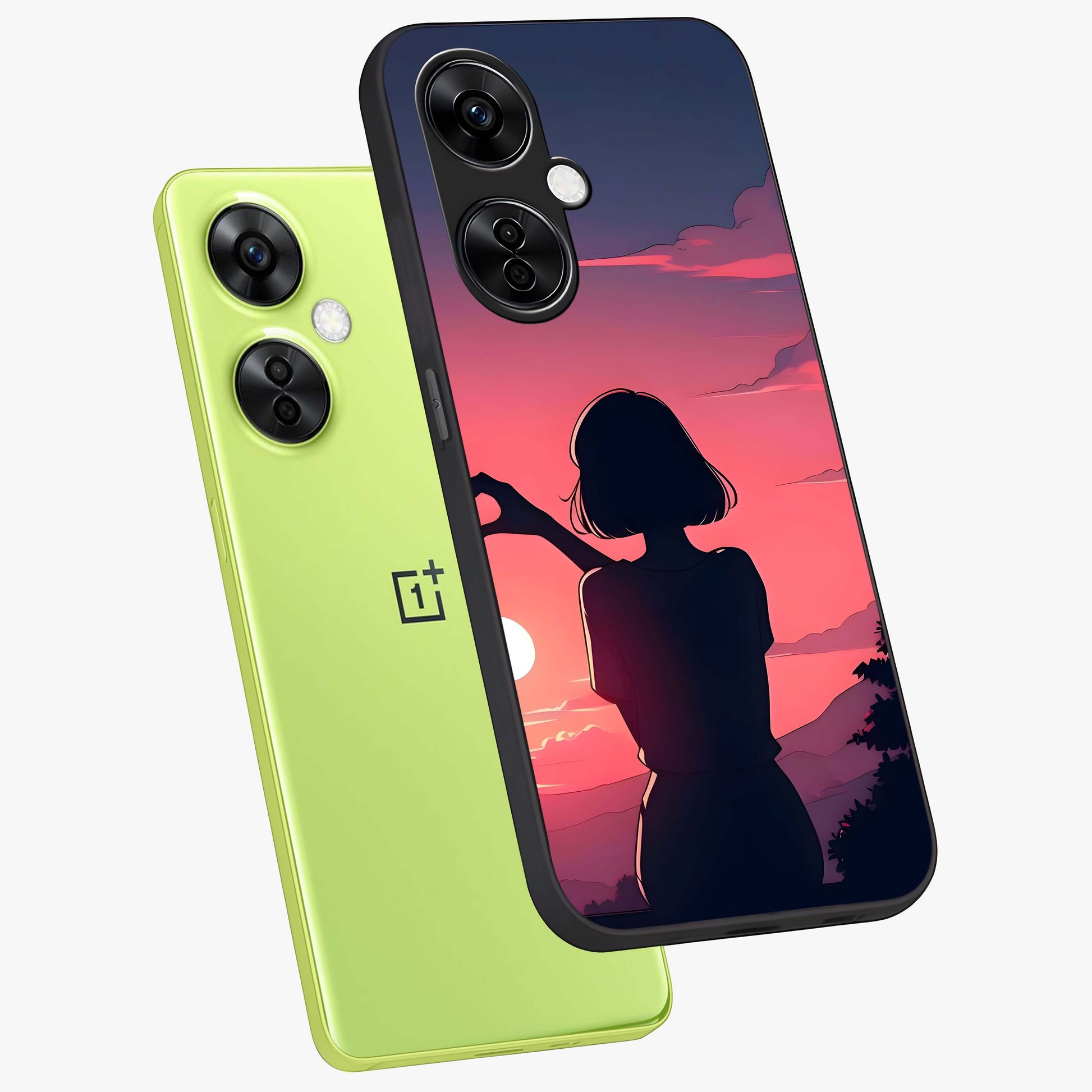 Sunset Silhouette Boy Glass Case for 1+Nord CE 3 Lite angled mockup showcasing glossy finish and rich orange tones