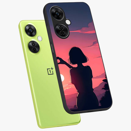 Sunset Silhouette Boy Glass Case for 1+Nord CE 3 Lite angled mockup showcasing glossy finish and rich orange tones