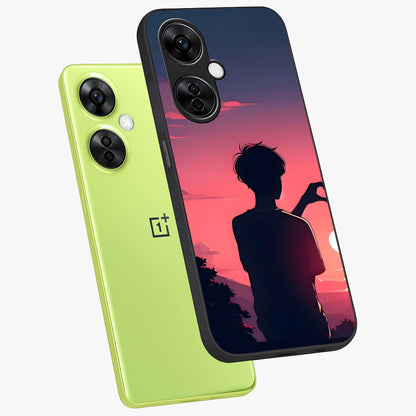 Sunset Silhouette Girl Glass Case for 1+Nord Ce 3 Lite angled mockup showcasing glossy finish and warm gradient tones