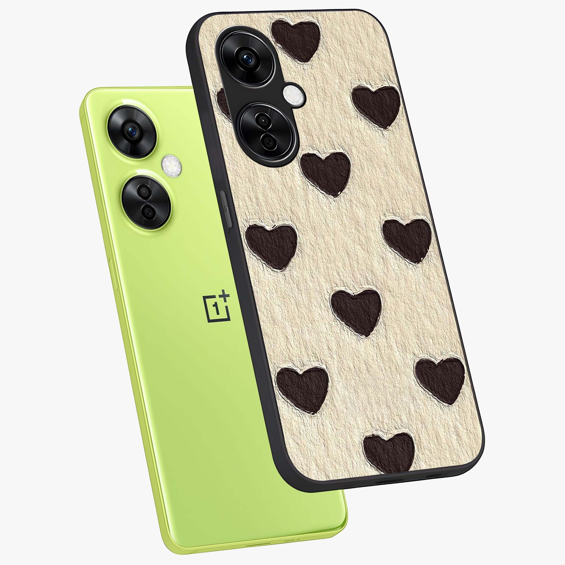 Textured Love Pattern Glass Case for 1+Nord CE 3 Lite angled mockup showcasing glossy finish and subtle pattern detailing