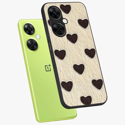 Textured Love Pattern Glass Case for 1+Nord CE 3 Lite angled mockup showcasing glossy finish and subtle pattern detailing