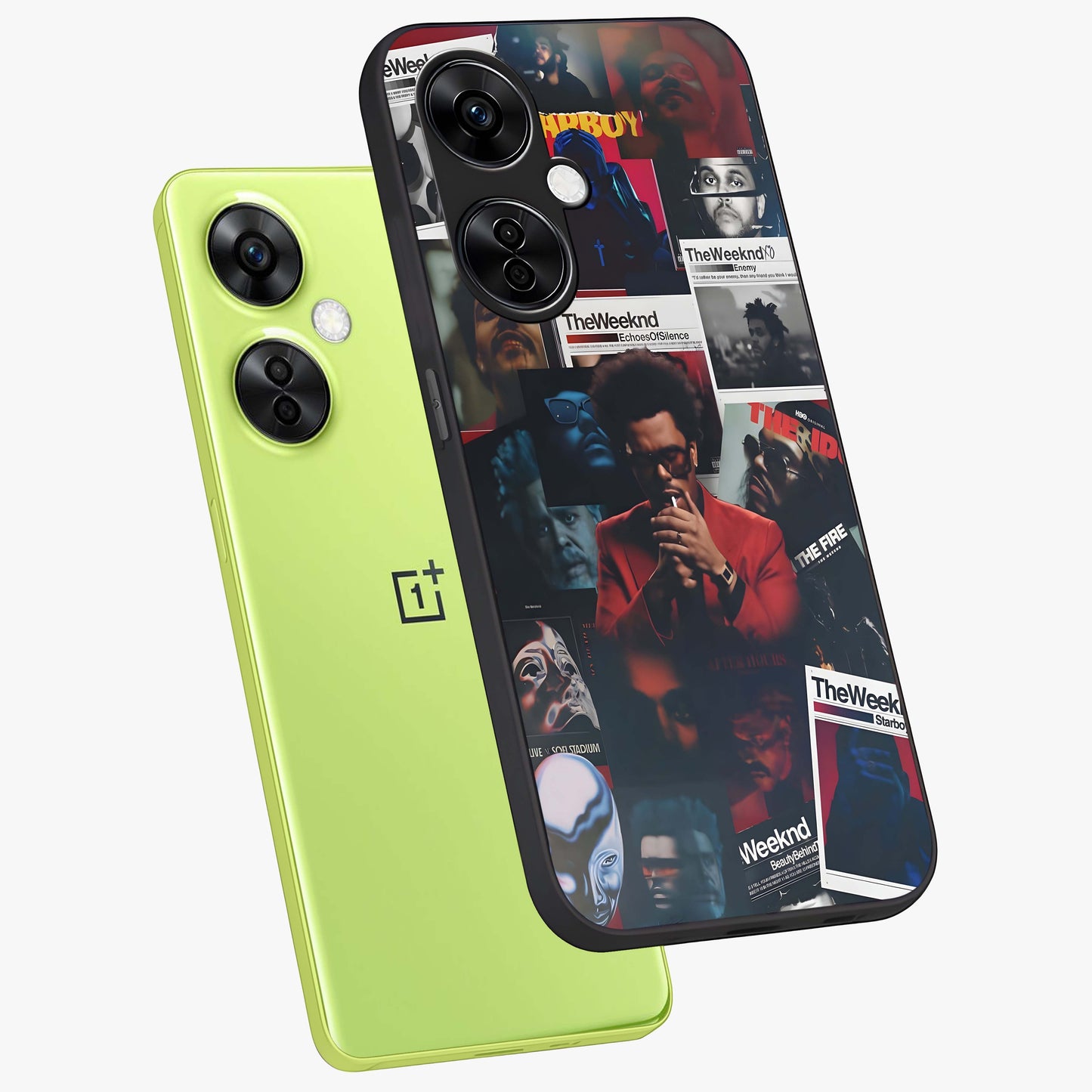 The Weeknd Glass Case for 1+Nord CE 3 Lite angled mockup showcasing glossy finish and bold modern tones