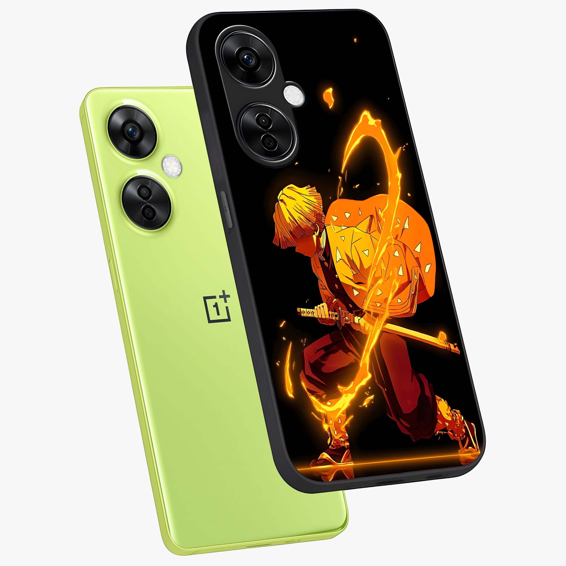 Thunder Flame Execution Glass Case for 1+Nord CE 3 Lite angled mockup showcasing glossy finish and dramatic high contrast tones
