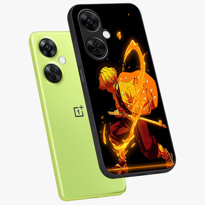 Thunder Flame Execution Glass Case for 1+Nord CE 3 Lite angled mockup showcasing glossy finish and dramatic high contrast tones